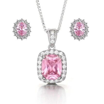 Set Collar y Arete Mujer Cristales de Princesa Bañado en Oro de 18k. - Rosa