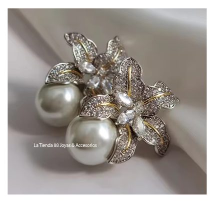 Aretes Rosas Mujer Cristales con Perla bañado Oro 18k - Blanco